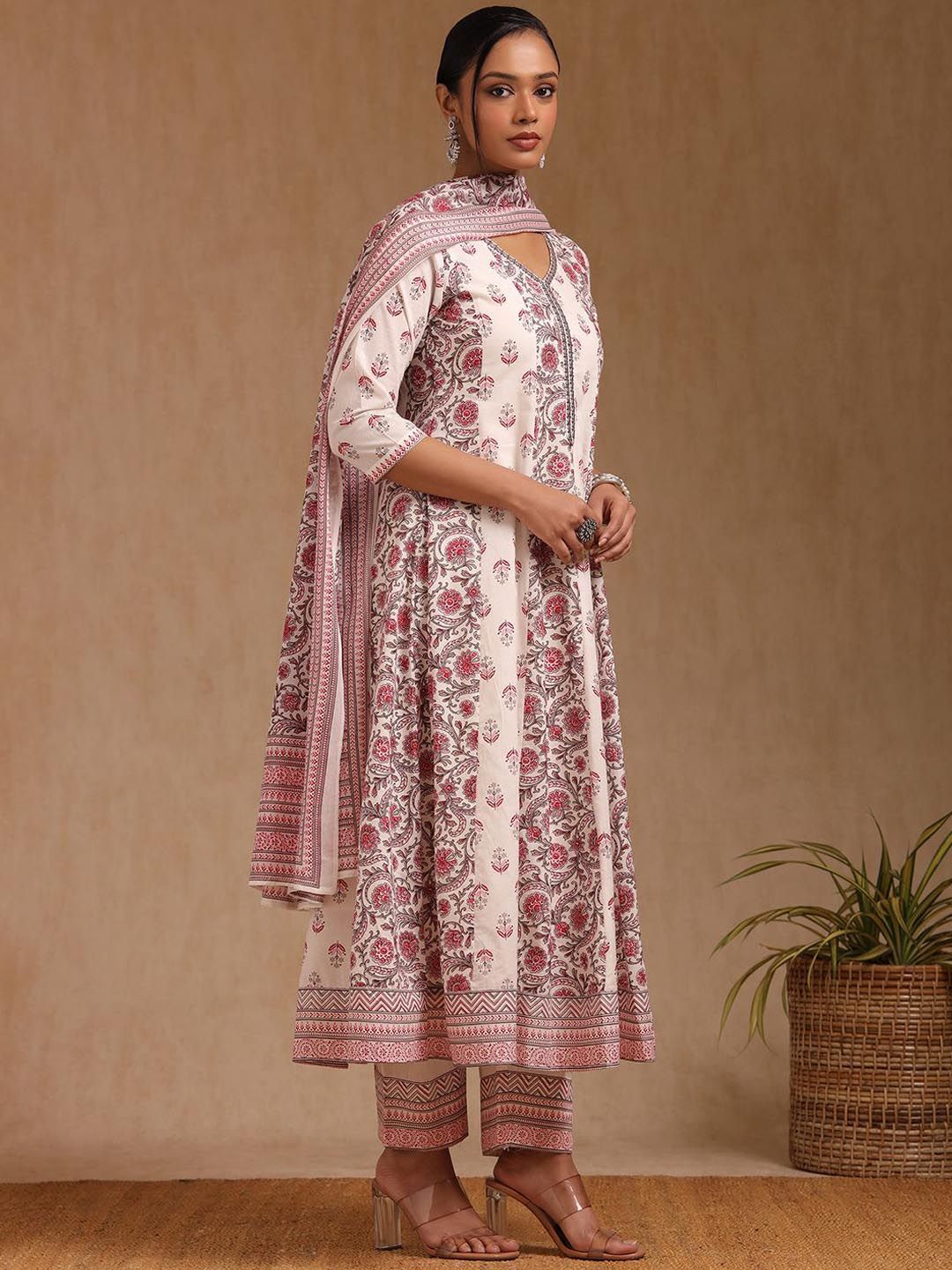 Dhiyona SO Women's Floral Printed Mirror Work Anarkali Kurta with Trouser & Dupatta