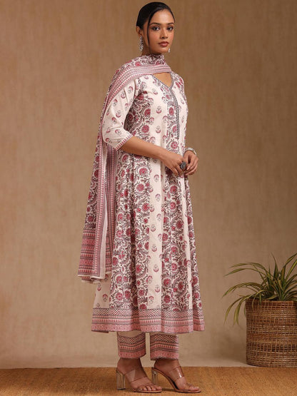 Dhiyona SO Women's Floral Printed Mirror Work Anarkali Kurta with Trouser & Dupatta