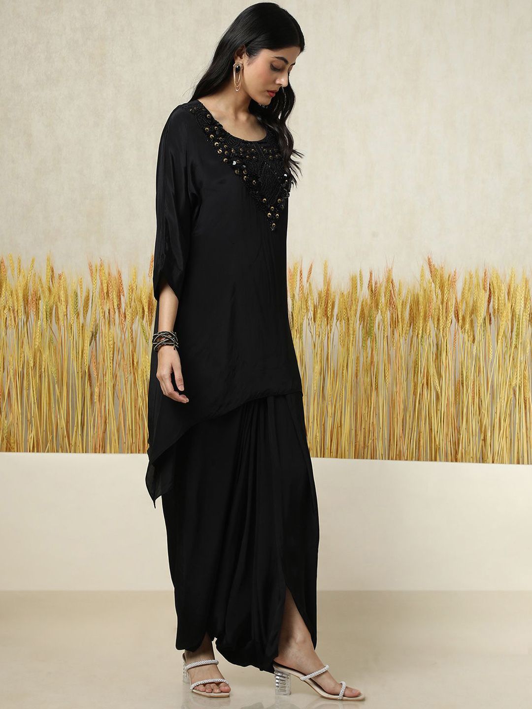 Dhiyona SO Women's Floral Embroidered Square Neck Layered A-Line Kurti With Dhoti Pants