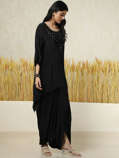 Dhiyona SO Women's Floral Embroidered Square Neck Layered A-Line Kurti With Dhoti Pants