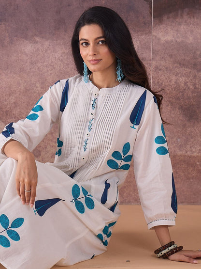 Ethnic Motifs Printed Band Collar Thread Work Pure Cotton Kurta With Trousers
