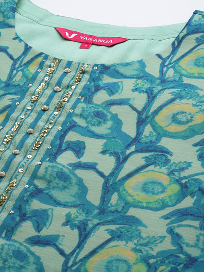 Dhiyona VR Women's Blue Floral Printed Kurta, Round Neck Straight Kurta Paired With Tonal Bottom And Printed Dupatta