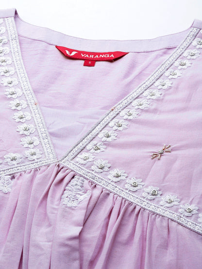 Dhiyona VR Women's Lavender Embroidered A-Line Empire Kurta Paired With Tonal Bottom And Tonal Embroidered Dupatta
