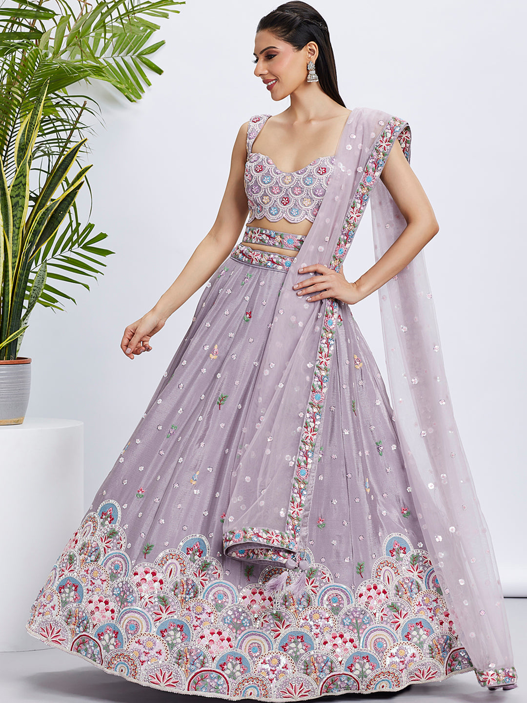 Women Rose gold Pure Chiffon Sequins and thread embroidery  Lehenga choli & Dupatta