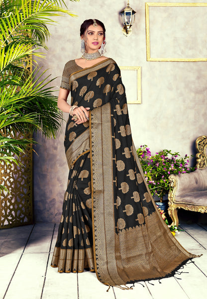 Dhiyona GR Women's GJ Black Diamond Ebony Black Zari Woven Design Cotton Blend Saree