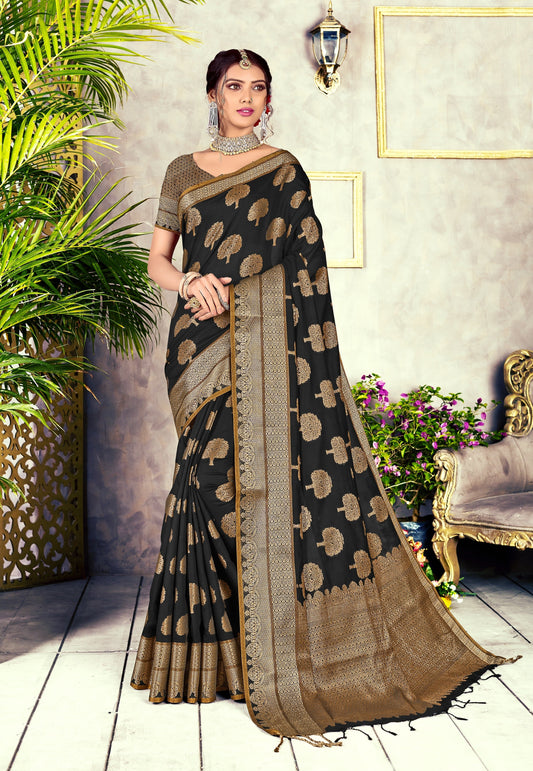 Dhiyona GR Women's GJ Black Diamond Ebony Black Zari Woven Design Cotton Blend Saree