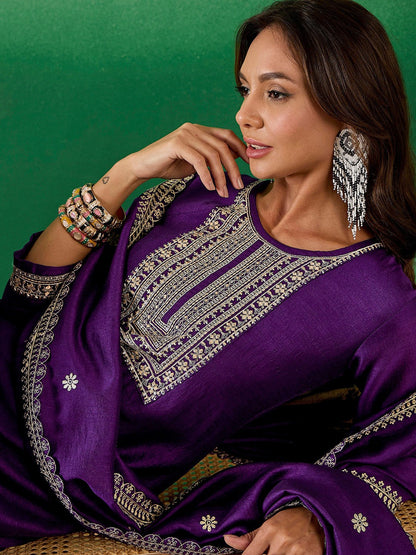 Women Purple Embroidery silk Kurta And Pant Set With Dupatta