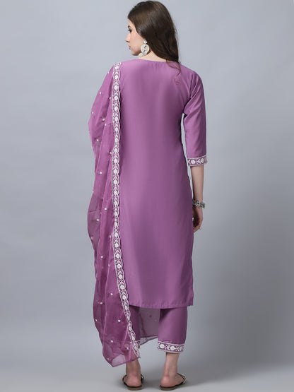 Women's Pink Embroidery  silk  Kurta, Pant And Dupatta Set