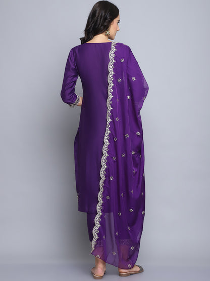 Women Purple Embroidery silk Kurta And Pant Set With Dupatta