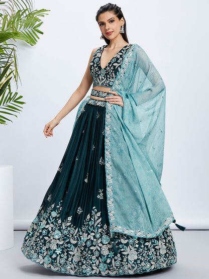 Women Teal Pure Georgette Sequins and thread embroidery  Lehenga choli & Dupatta