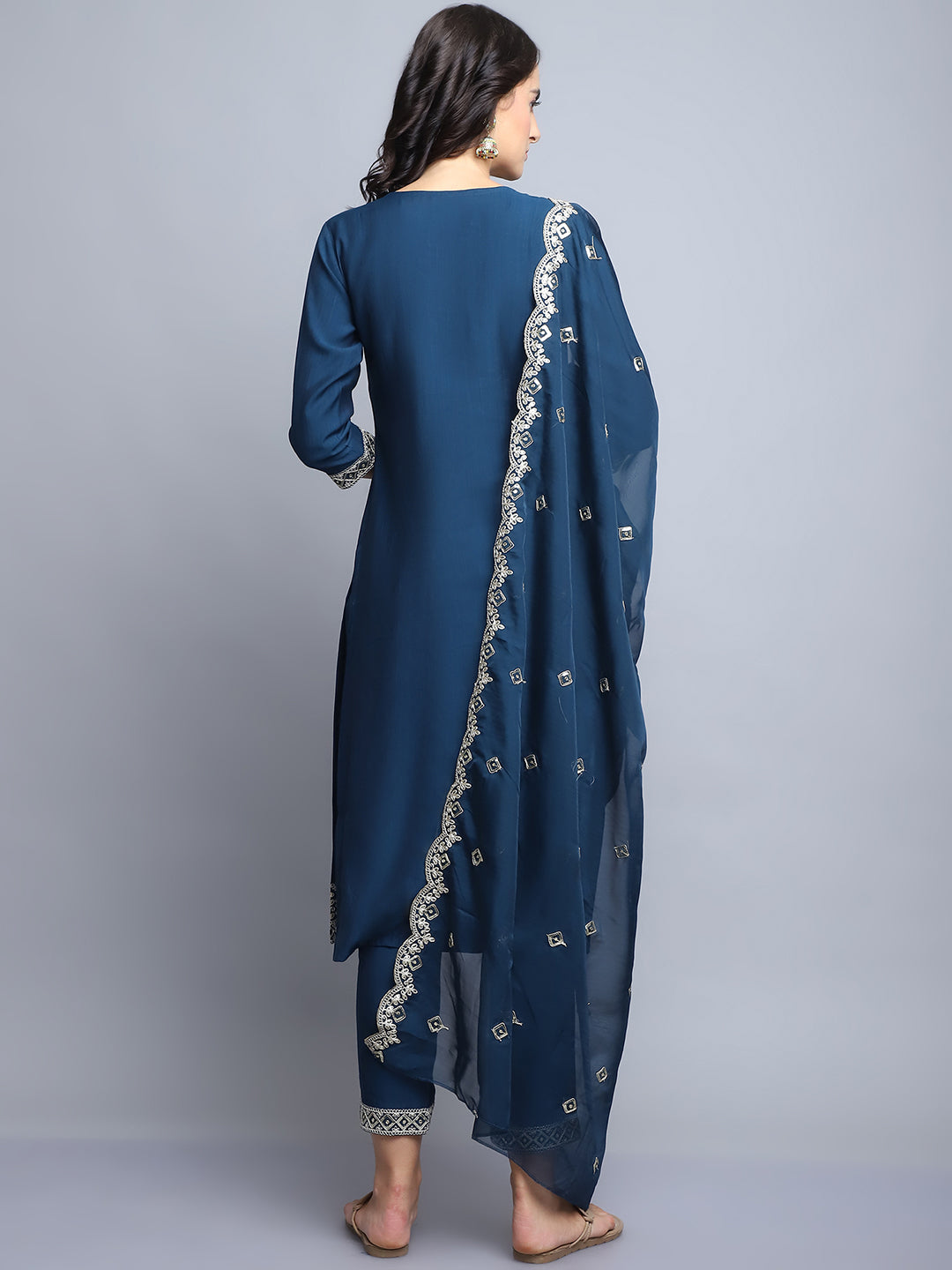 Women Navy Blue Embroidery silk Kurta And Pant Set With Dupatta