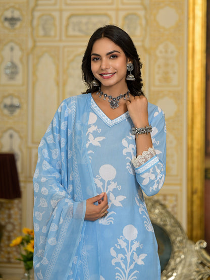 Women Blue Embroidery Viscose Rayon Kurta, Pant And Dupatta Set