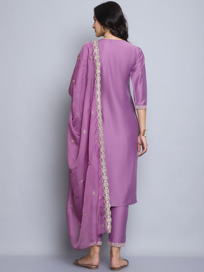 Women Pink Embroidery silk Kurta And Pant Set With Dupatta