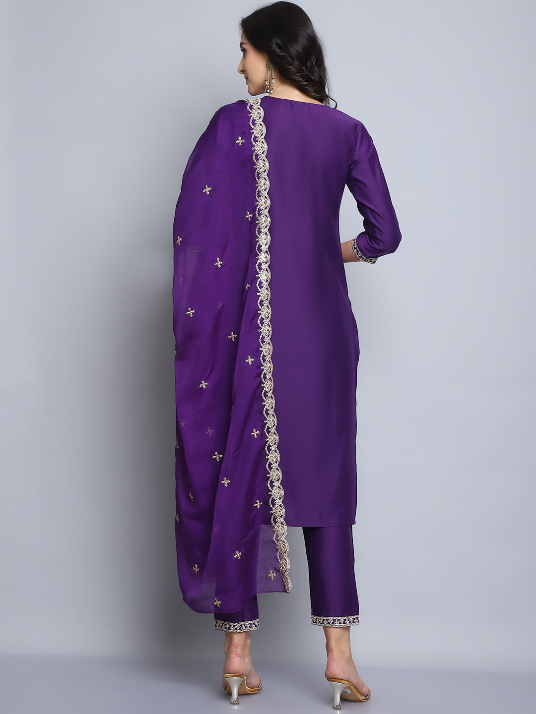 Women Purple Embroidery silk Kurta And Pant Set With Dupatta
