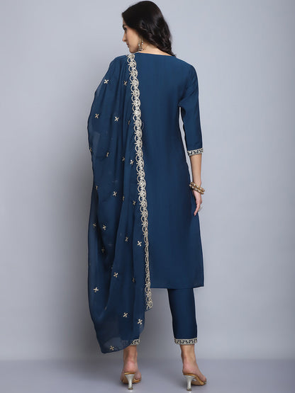 Women Navy Blue Embroidery silk Kurta And Pant Set With Dupatta