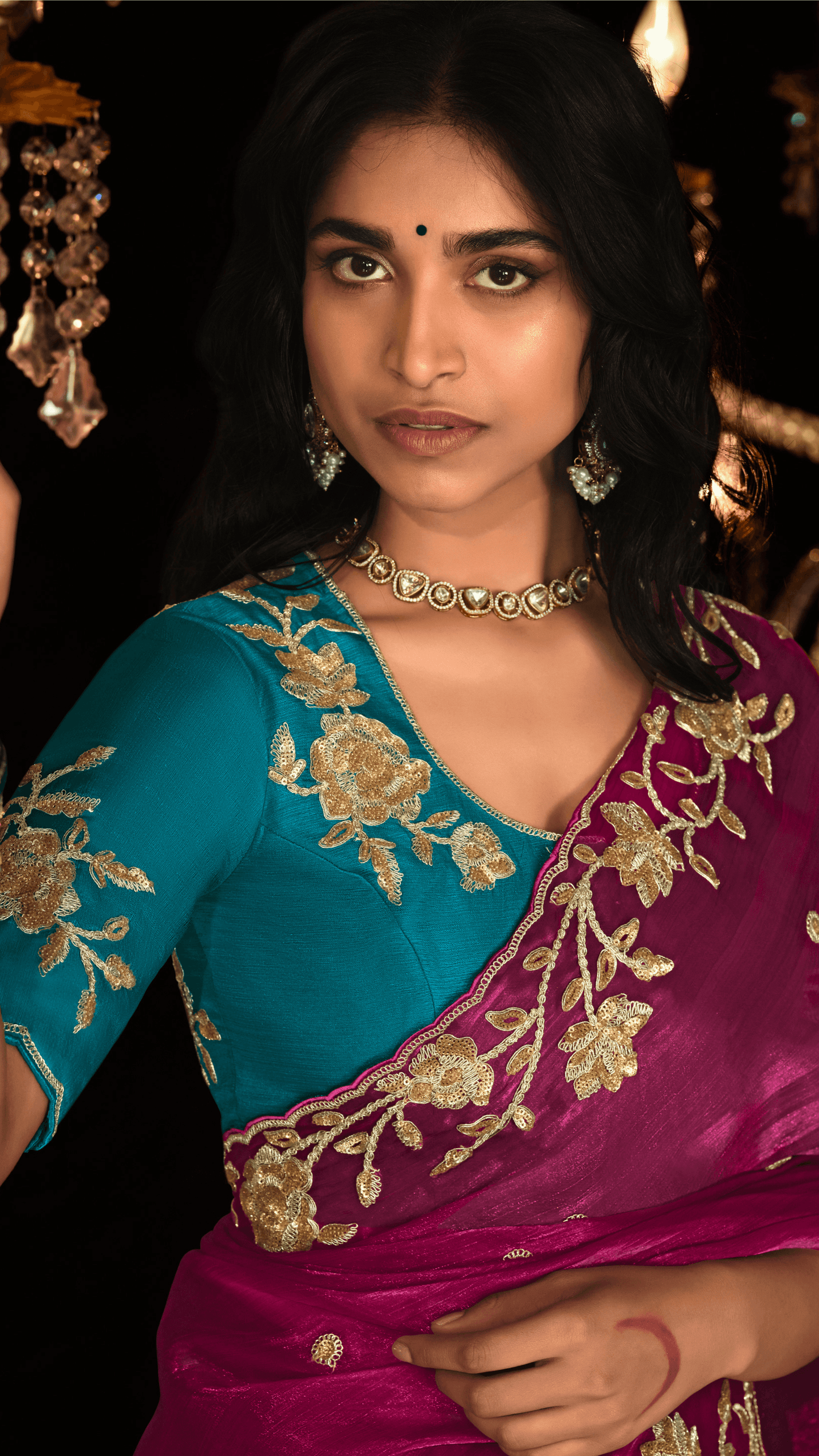 Dhiyona KM Women Red Hand-Embroidered Saree With Teal Blouse