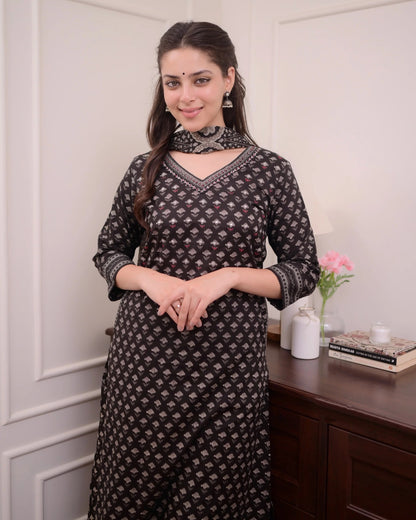 Women Viscose Printed Black Kurta And Pant Set With Dupatta