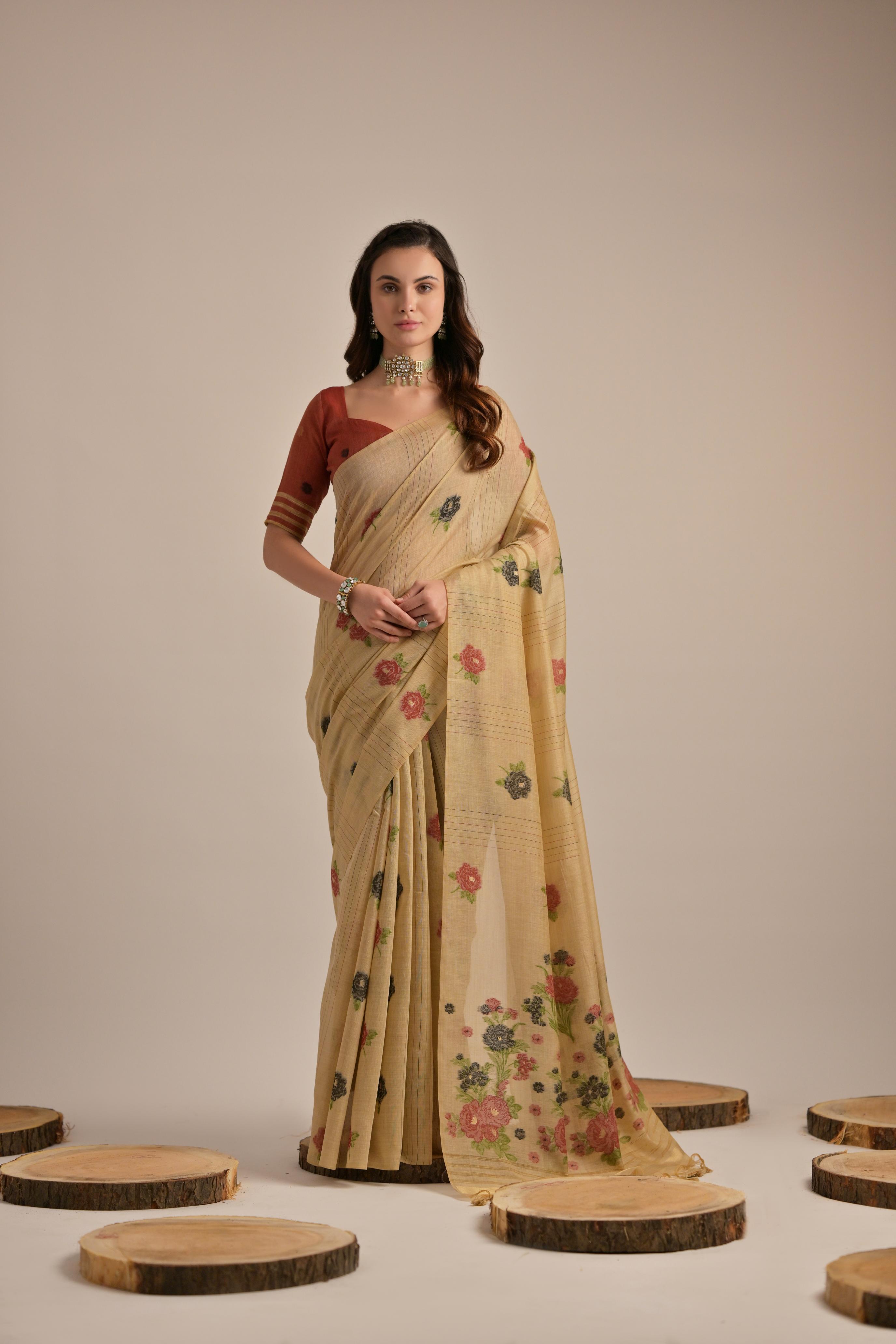 Dhiyona GR Women's Arisaa Beige Muga Cotton Saree