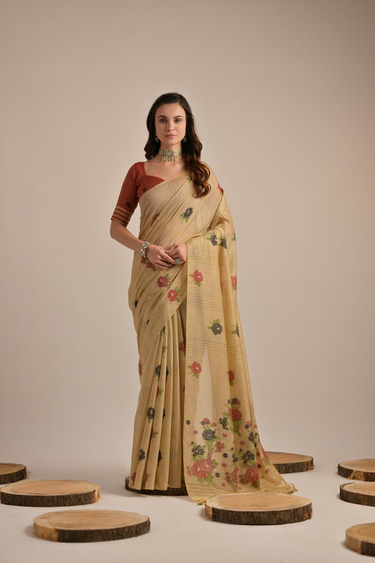 Dhiyona GR Women's Arisaa Beige Muga Cotton Saree