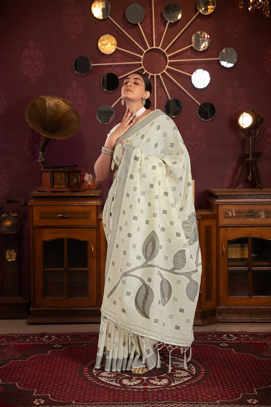 Dhiyona GR Women's Maitri White Linen Woven Saree