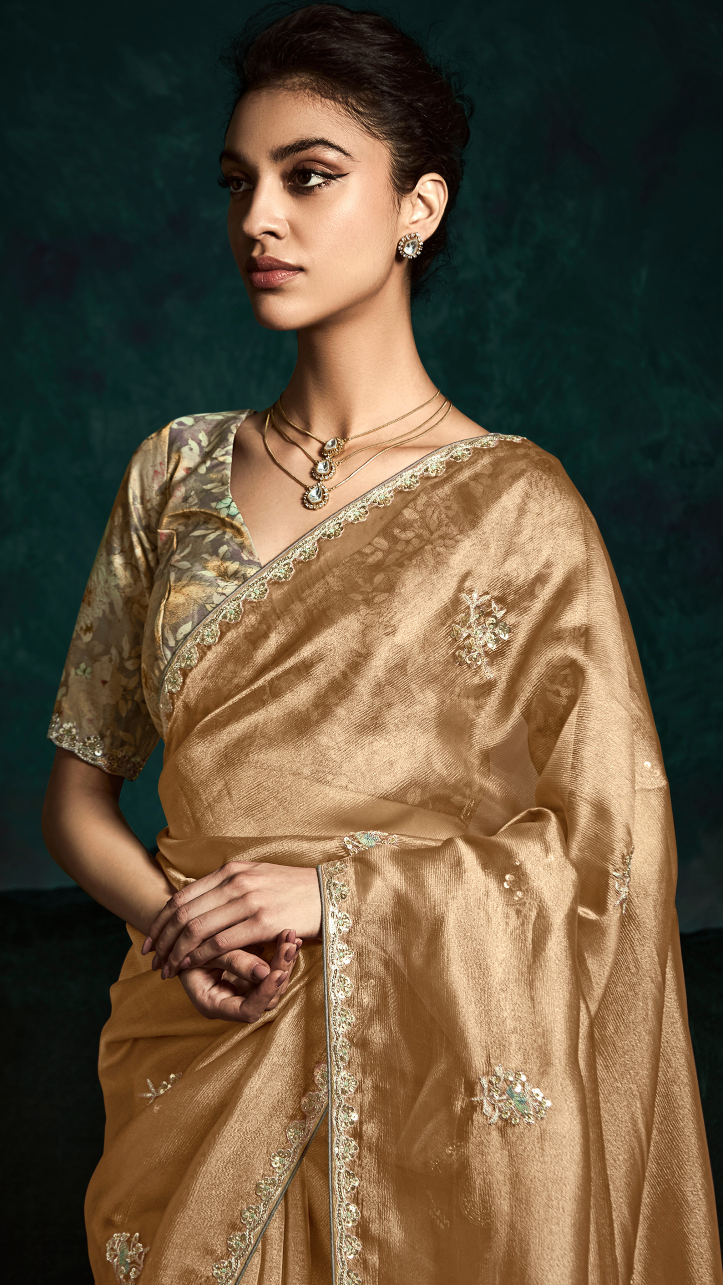 Dhiyona KM Women Orange Organza Silk Saree With Unstitched Floral Printed Silk Blouse Fabric