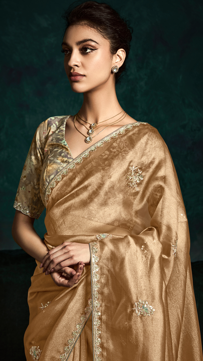 Dhiyona KM Women Orange Organza Silk Saree With Unstitched Floral Printed Silk Blouse Fabric