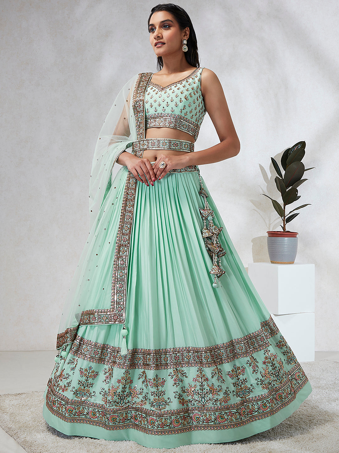Women Sea Green Georgette Sequins and thread embroidery  Lehenga choli & Dupatta