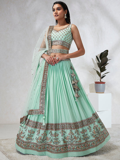 Women Sea Green Georgette Sequins and thread embroidery  Lehenga choli & Dupatta