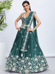 Women Turquoise blue Pure Georgette Sequins and thread embroidery  Lehenga choli & Dupatta