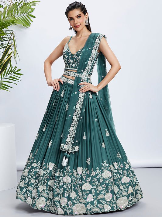 Women Turquoise blue Pure Georgette Sequins and thread embroidery  Lehenga choli & Dupatta