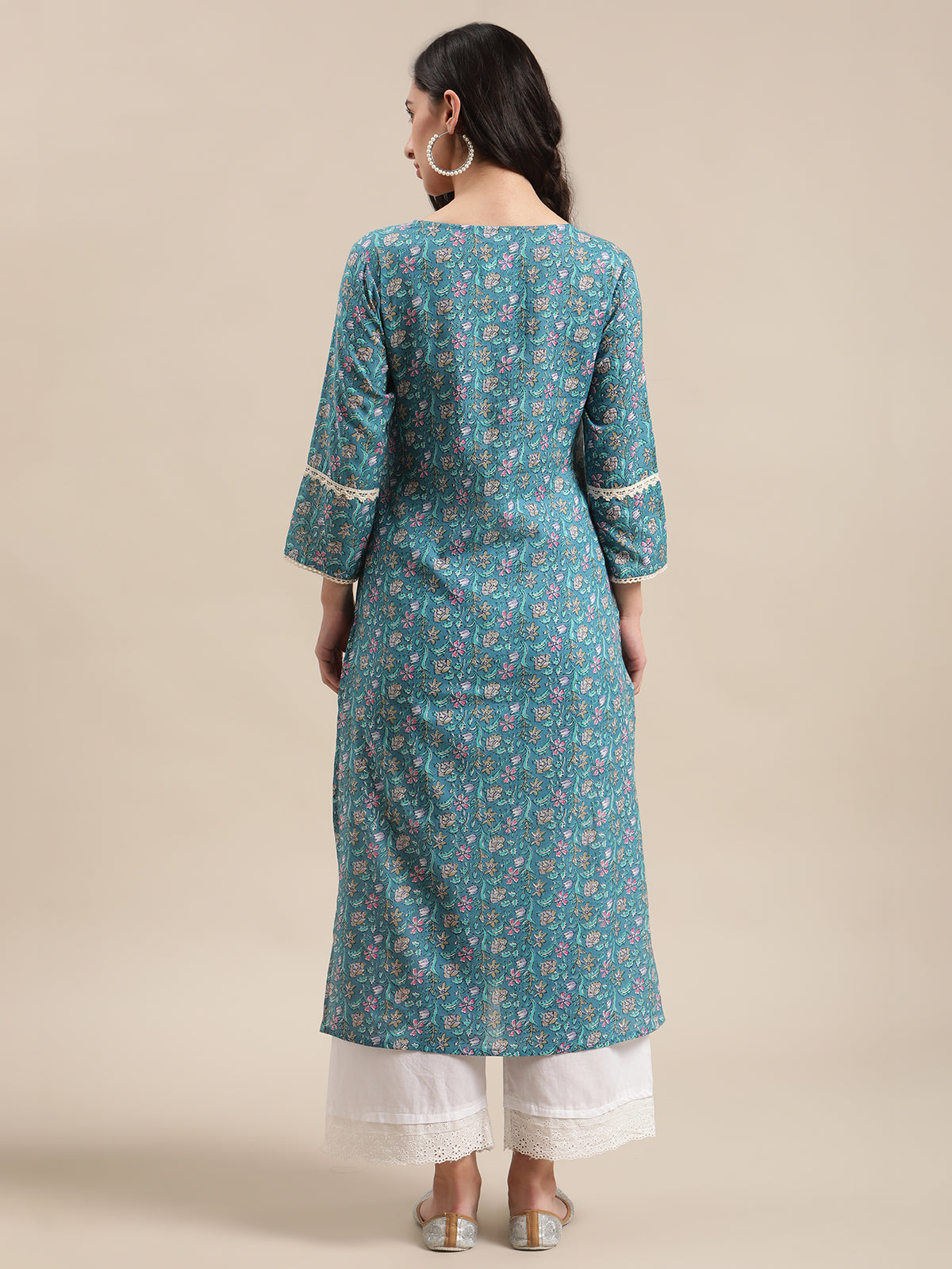 Dhiyona VR Women's Blue Floral Printed Lace Embellished Kurta With 3/4Th Sleeves