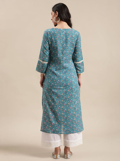 Dhiyona VR Women's Blue Floral Printed Lace Embellished Kurta With 3/4Th Sleeves