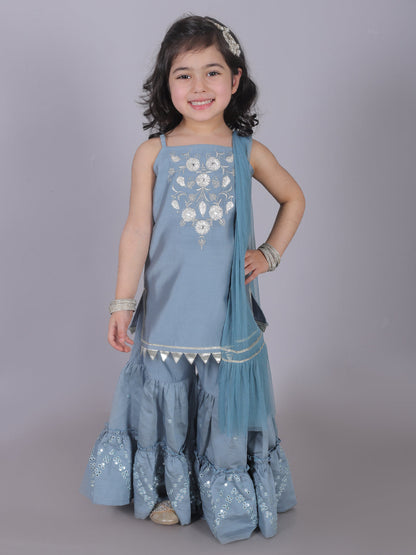 Zarqa Girls Blue Kurta with Sharara and dupatta set