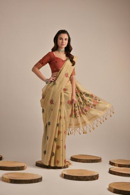 Dhiyona GR Women's Arisaa Beige Muga Cotton Saree