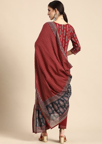 Women Viscose Red Kurta And Pant Set With Dupatta