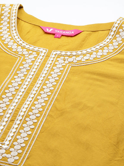 Dhiyona VR Women's Yellow Embroidered Kurta With Tonal Bottom And Tonal Dupatta