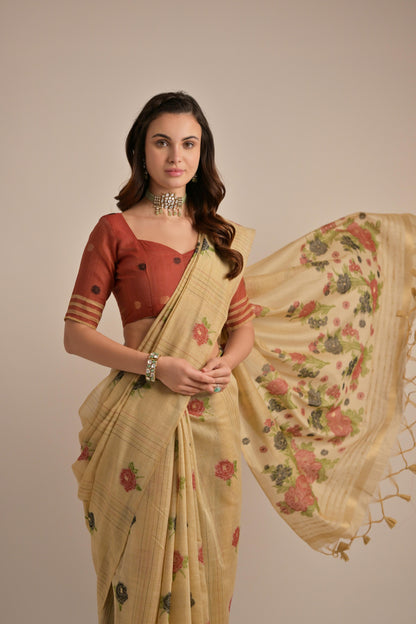 Dhiyona GR Women's Arisaa Beige Muga Cotton Saree