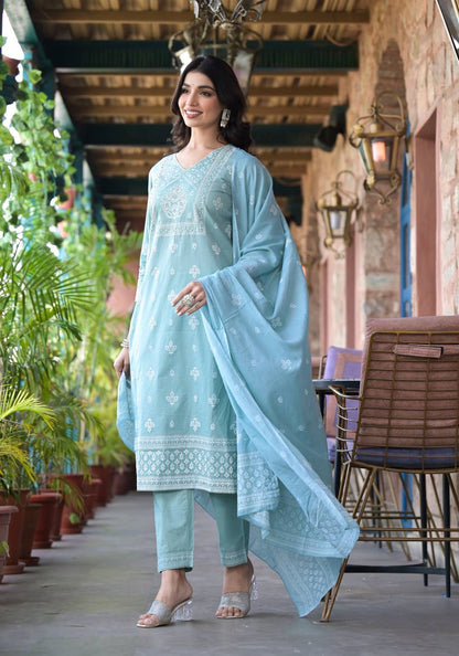 Dhiyona VR Women's Sea Green Rubber Printed, Mirror Embellished Straight Kurta Paired With Bottom And Dupatta