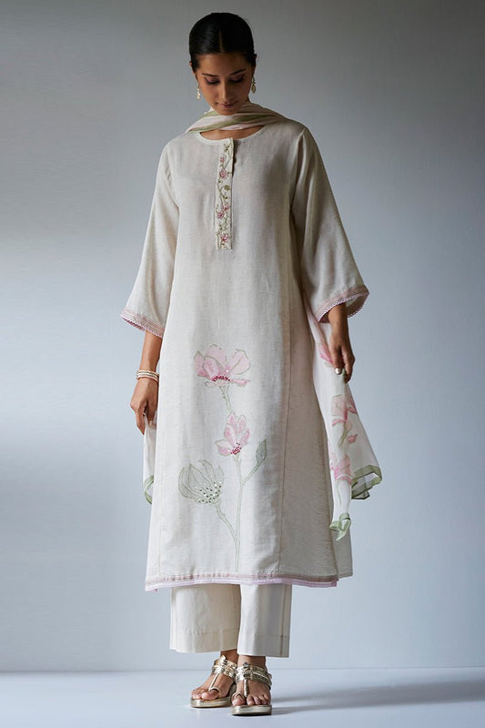 Women's Cream and Beige Woven Kurta Suit Set With Chiffon Printed Dupatta