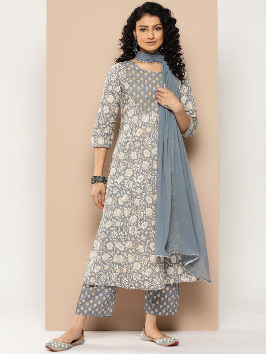 Dhiyona VR Women's Grey Floral Printed Anarkali Kurta Paired With Printed Bottom And Solid Chiffon Dupatta