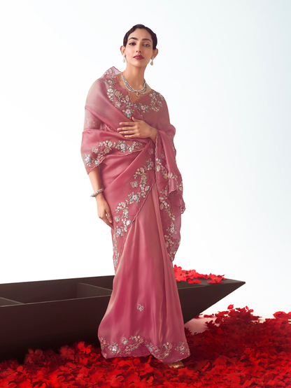 Dhiyona KM Women Dusty Rose Organza Silk Saree