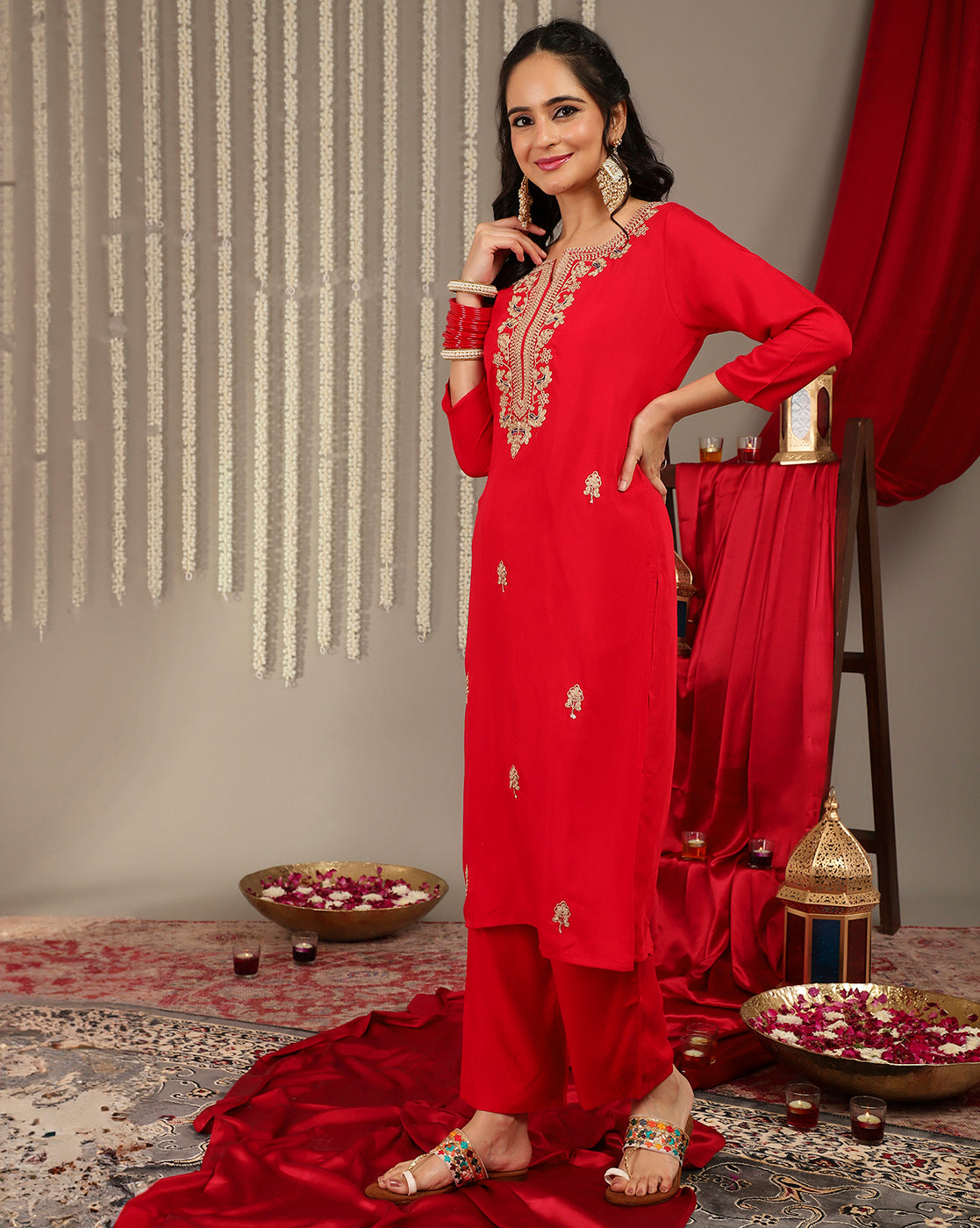 Dhiyona VR Women's Red Placement Design Zari Embroidered Kurta With Three Quarter Sleeves Paired With Tonal Bottom And Contrast Printed Dupatta