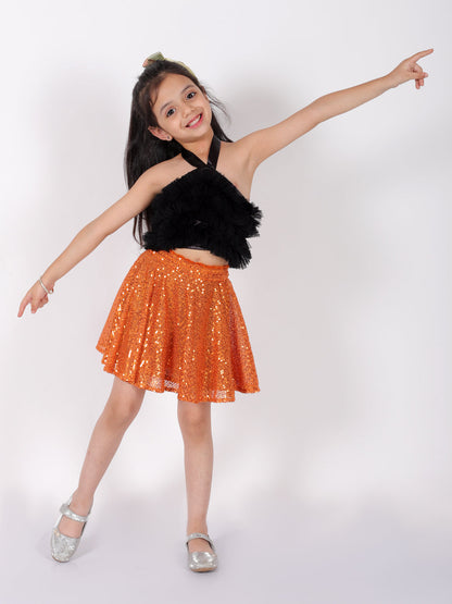Lil Drama Girls Black Party top with Orange skirt for girls