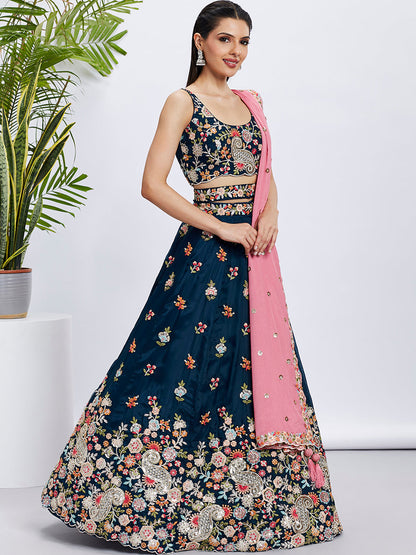 Women Navy blue Organza Sequins and thread embroidery  Lehenga choli & Dupatta