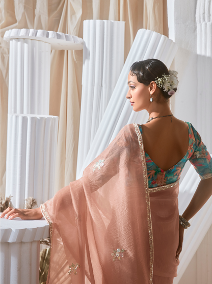 Dhiyona KM Women Peach Designer Organza Saree: Effortless Elegance For Every Occasion