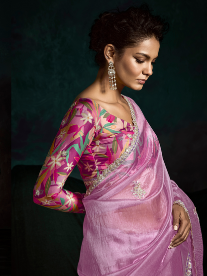 Dhiyona KM Women Pink Designer Organza Saree  “ A Blush Of Elegance
