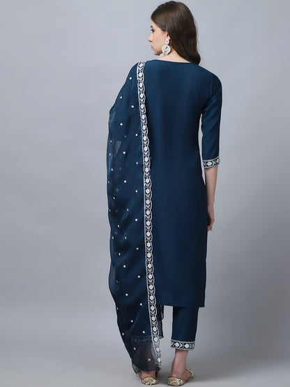 Women's Peach Embroidery  silk  Kurta, Pant And Dupatta Set