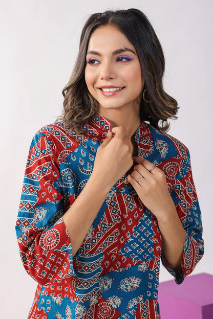 Women Printed Mandrain Collar Kurta And Pant Set