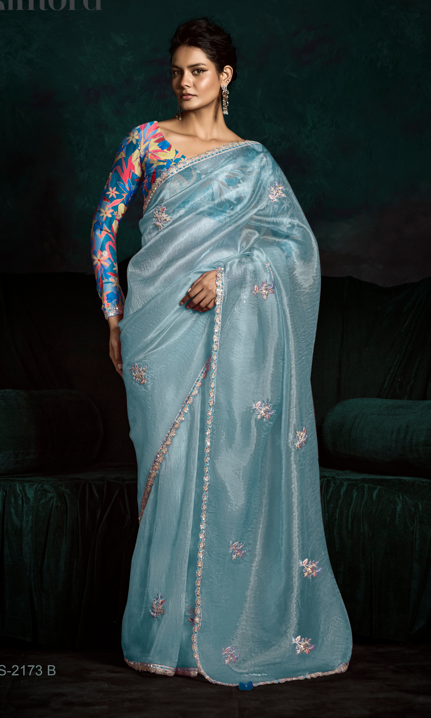 Dhiyona KM Women Sky Blue Designer Organza Saree  “ A Blush Of Elegance