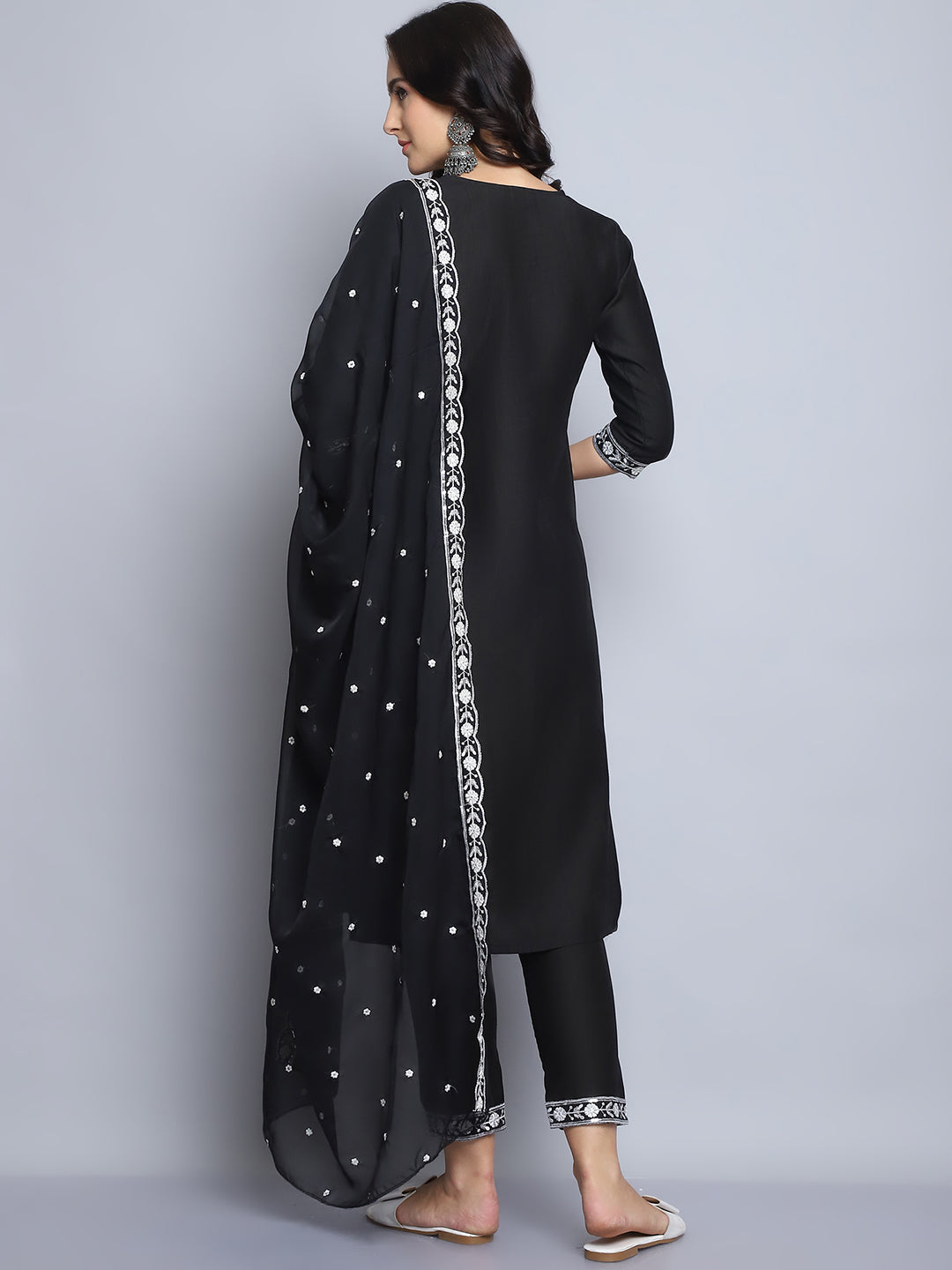 Women's Black Embroidery  silk  Kurta, Pant And Dupatta Set